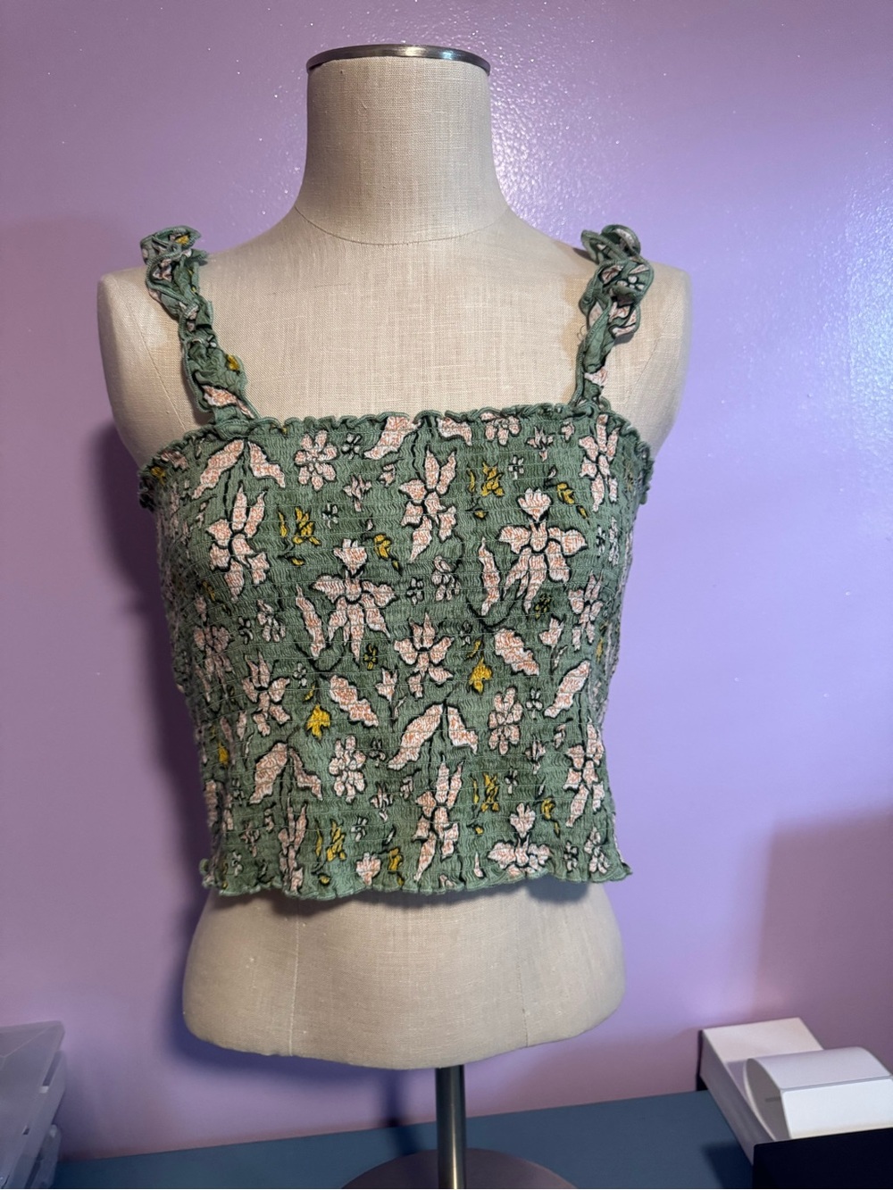 aerie Green Floral Smocked Crop Top with Twisted Straps
